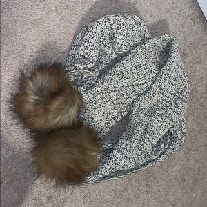 Altard State Knitted Scarf with Brown Puff Balls